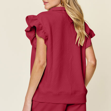 Double Take Full Size Texture Flounce Sleeve Top and Drawstring Shorts Set - Vickie Lynn's