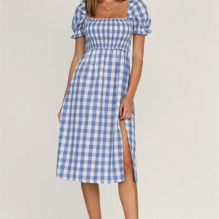 Full Size Slit Plaid Short Sleeve Midi Dress