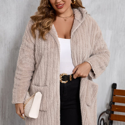 Plus Size Open Front Long Sleeve Hooded Fuzzy Jacket