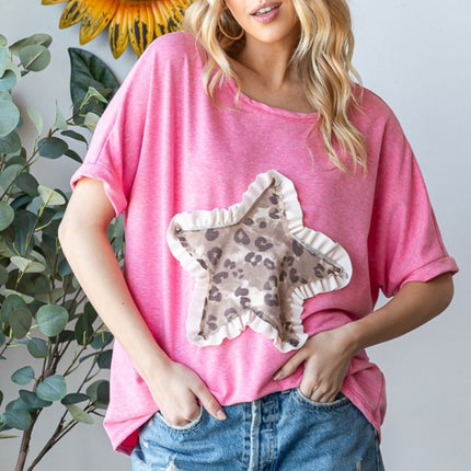 HOPELY Leopard Star Patch Short Sleeve T-Shirt