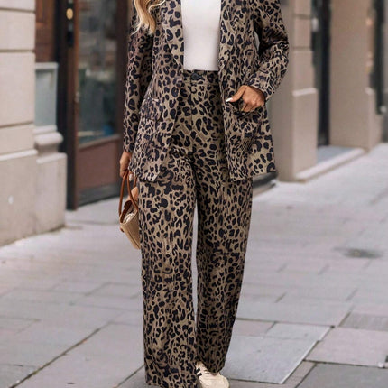 Full Size Leopard Lapel Collar Long Sleeve Blazer and Pants Set