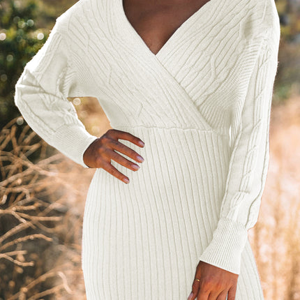 Cable-Knit Surplice Lantern Sleeve Sweater Dress