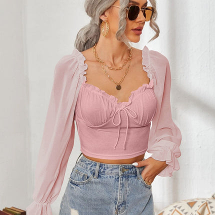 Mesh Sweetheart Neck Flounce Sleeve Top