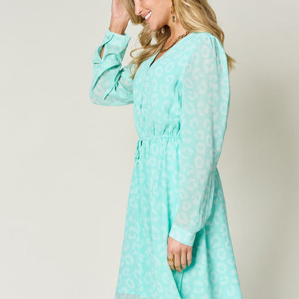 Double Take Full Size Printed Ruched V-Neck Long Sleeve Dress