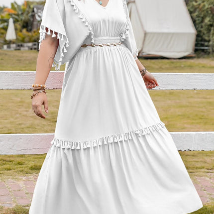 Plus Size Tassel Smocked V-Neck Half Sleeve Dress