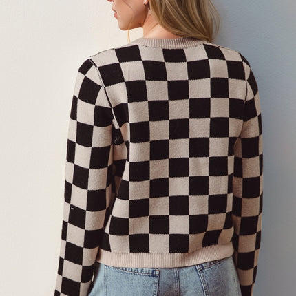 Double Take Full Size Checkered Tie Front Long Sleeve Cardigan