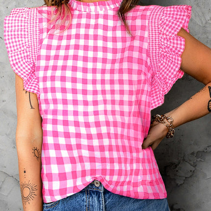 Ruffled Plaid Mock Neck Cap Sleeve Blouse