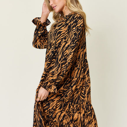 Double Take Full Size Printed Ruffle Hem Long Sleeve Dress