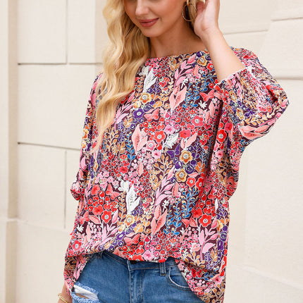 Double Take Floral Round Neck Three-Quarter Sleeve Top