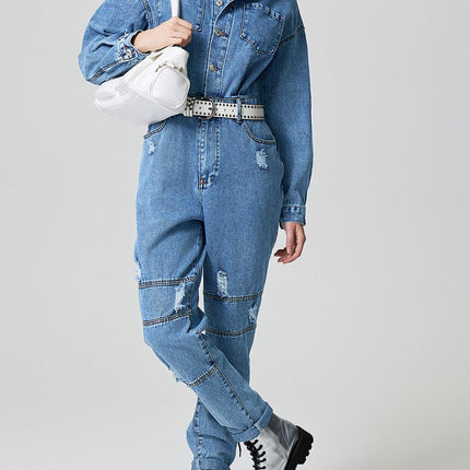 Distressed Button Down Drop Shoulder Denim Jumpsuit