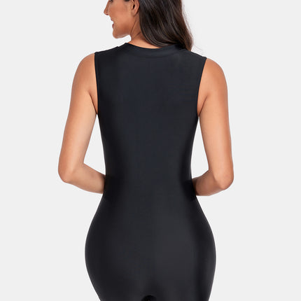 Zip Up Round Neck Sleeveless One-Piece Swimwear