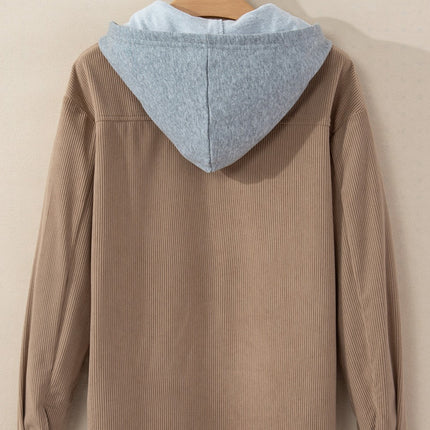 Drawstring Button Up Long Sleeve Hooded Jacket - Vickie Lynn's