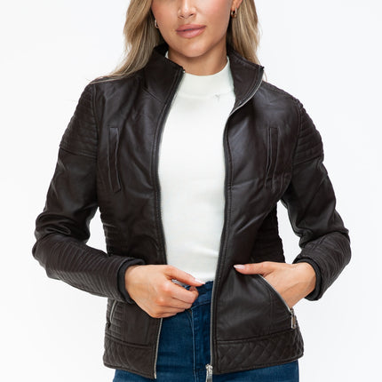 YMI Faux Layered Double-Zipper Jacket with Fuzzy Hood