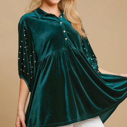 Umgee Pearl Detail Half Sleeve Velvet Babydoll Blouse