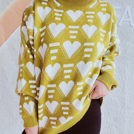 Heart Contrast Long Sleeve Dropped Shoulder Sweater