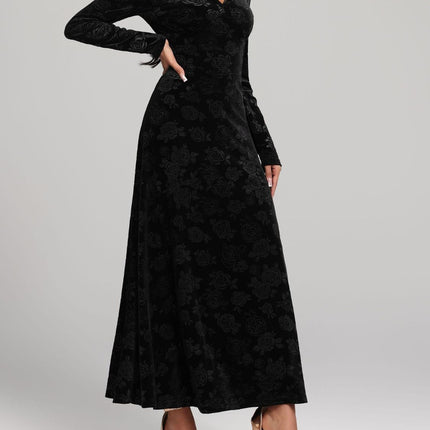 Rose Print V-Neck Long Sleeve Dress