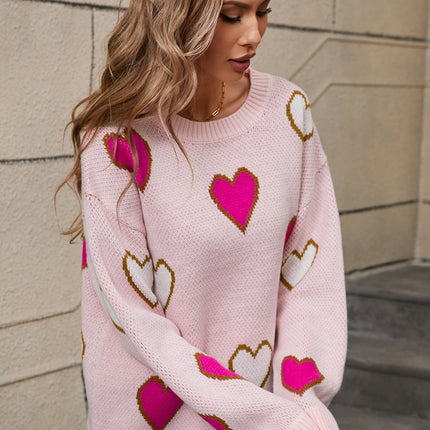 Angel Wings Contrast Heart Round Neck Long Sleeve Sweater