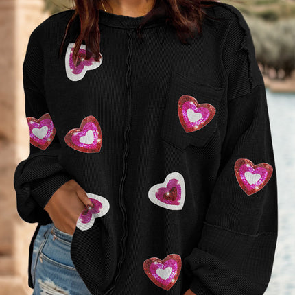 Plus Size Heart Sequin Round Neck Sweatshirt