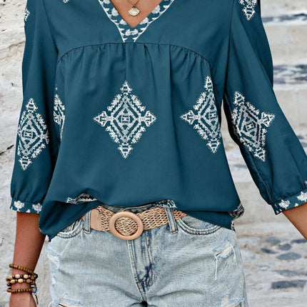 Printed V-Neck Three-Quarter Sleeve Blouse