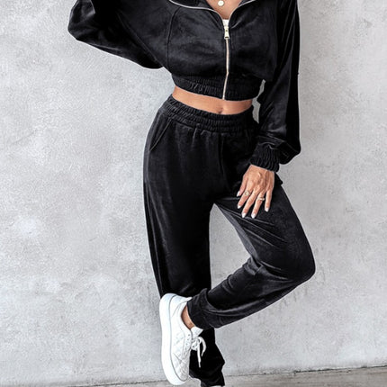 Zip Up Long Sleeve Cropped Top and Joggers Set