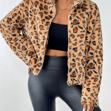 Fuzzy Turtleneck Leopard Zip Up Jacket