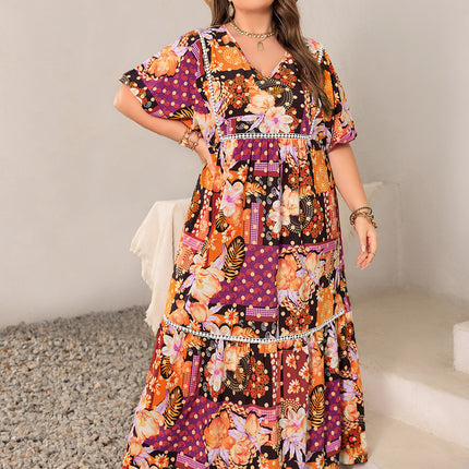 Plus Size Printed V-Neck Half Sleeve Maxi Dress