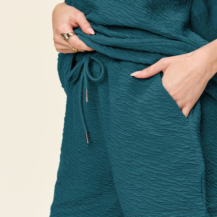 Double Take Full Size Texture Short Sleeve T-Shirt and Drawstring Shorts Set - Vickie Lynn's