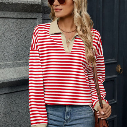 Striped Johnny Collar Long Sleeve Sweatshirt