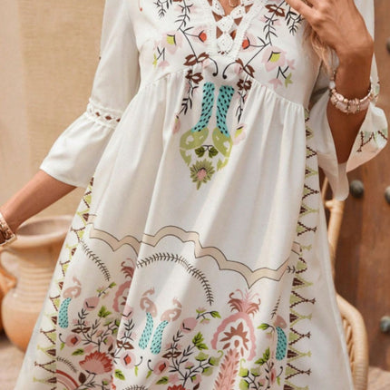 Lace Detail Printed Three-Quarter Sleeve Dress