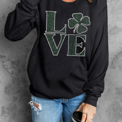 LOVE Rhinestone Clover Round Neck Sweatshirt