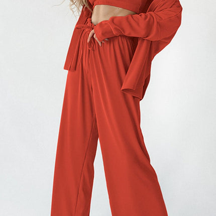 Spaghetti Strap Bra, Open Front Cardigan and Drawstring Pants Set