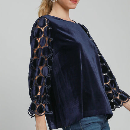 Umgee Polka Dot Lace Long Sleeve Round Neck Blouse