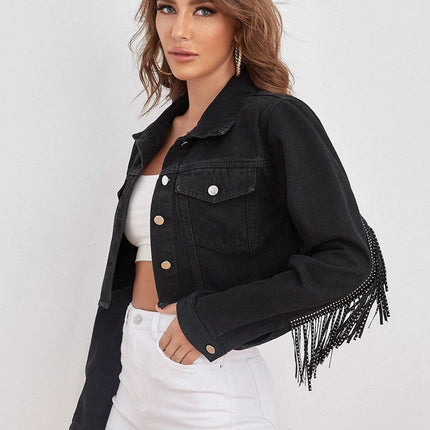 Fringe Detail Collared Neck Cropped Denim Jacket