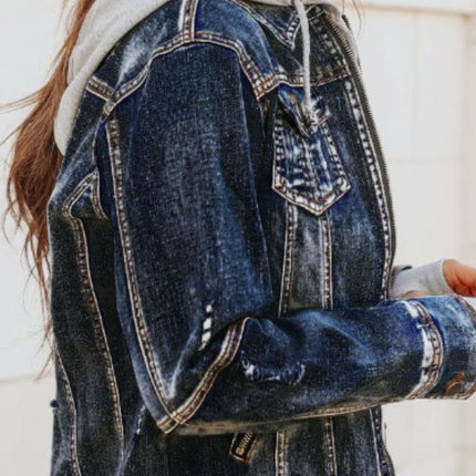 Fake Two-Piece Hooded Zip-Up Denim Jacket