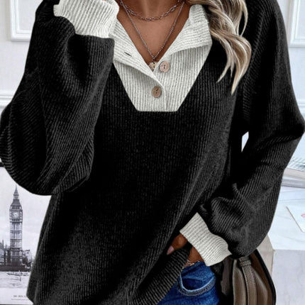 Contrast Quarter Button Round Neck Long Sleeve Top