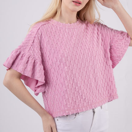 VERY J Full Size Texture Ruffle Short Sleeve Top