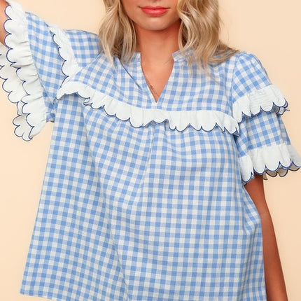 Haptics Full Size Plaid Scallop Hem Notched Short Sleeve Blouse