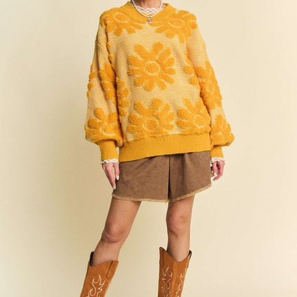 Davi & Dani Flower Texture Round Neck Dropped Shoulder Sweater