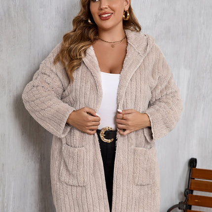 Plus Size Open Front Long Sleeve Hooded Fuzzy Jacket