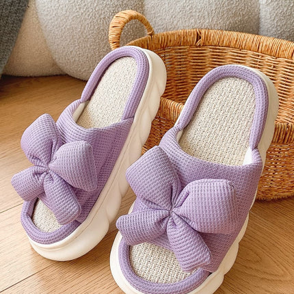 Bow Waffle-Knit Platform Slippers