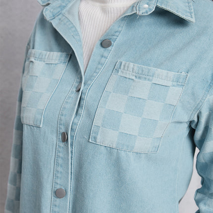 Raw Hem Checkered Dropped Shoulder Denim Jacket