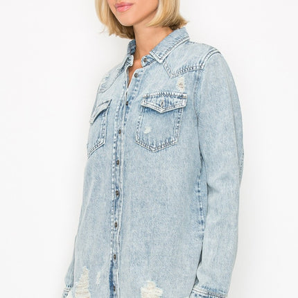 RISEN Button Up Distressed Denim Shirt