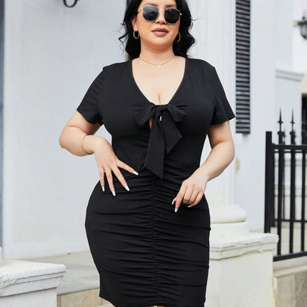 Plus Size Ruched Tied Short Sleeve Mini Dress