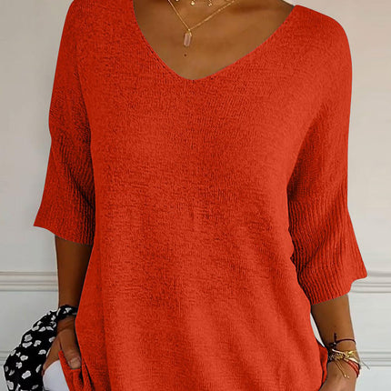 V-Neck Three-Quarter Sleeve Knit Top