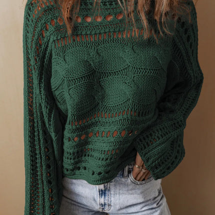 Cable-Knit Openwork Long Sleeve Sweater