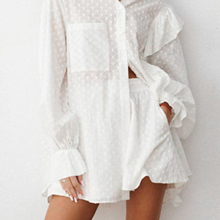 Ruffled Dot Applique Collared Neck Top and Shorts Set