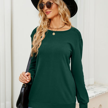 Ruched Shoulder Round Neck Long Sleeve Sweatshirt