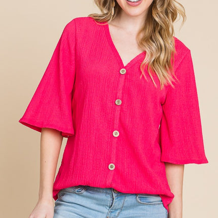 BOMBOM Texture Decorative Button V-Neck Top