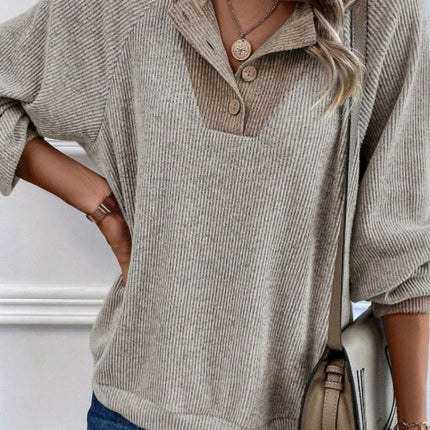 Contrast Quarter Button Round Neck Long Sleeve Top