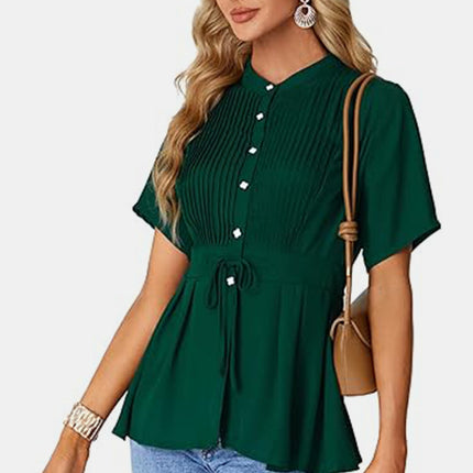 Tied Round Neck Short Sleeve Blouse